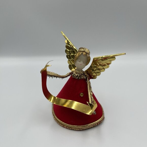 Vintage Koestel Wax Angel Figure in Red Velvet w/ Gold Wings Holding Banner 3.5" - Picture 6 of 9